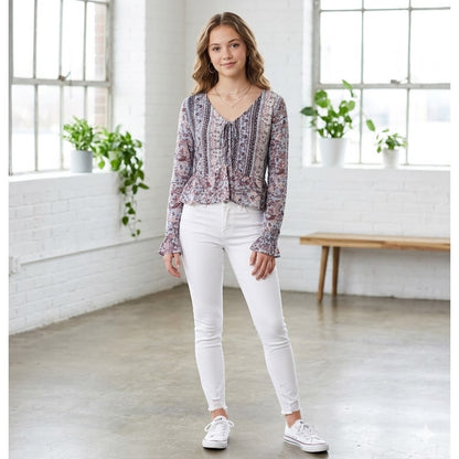 Derek Heart Medium Boho Blouse Top Shirt Multicolor Long Sleeve NEW Ruched Chest