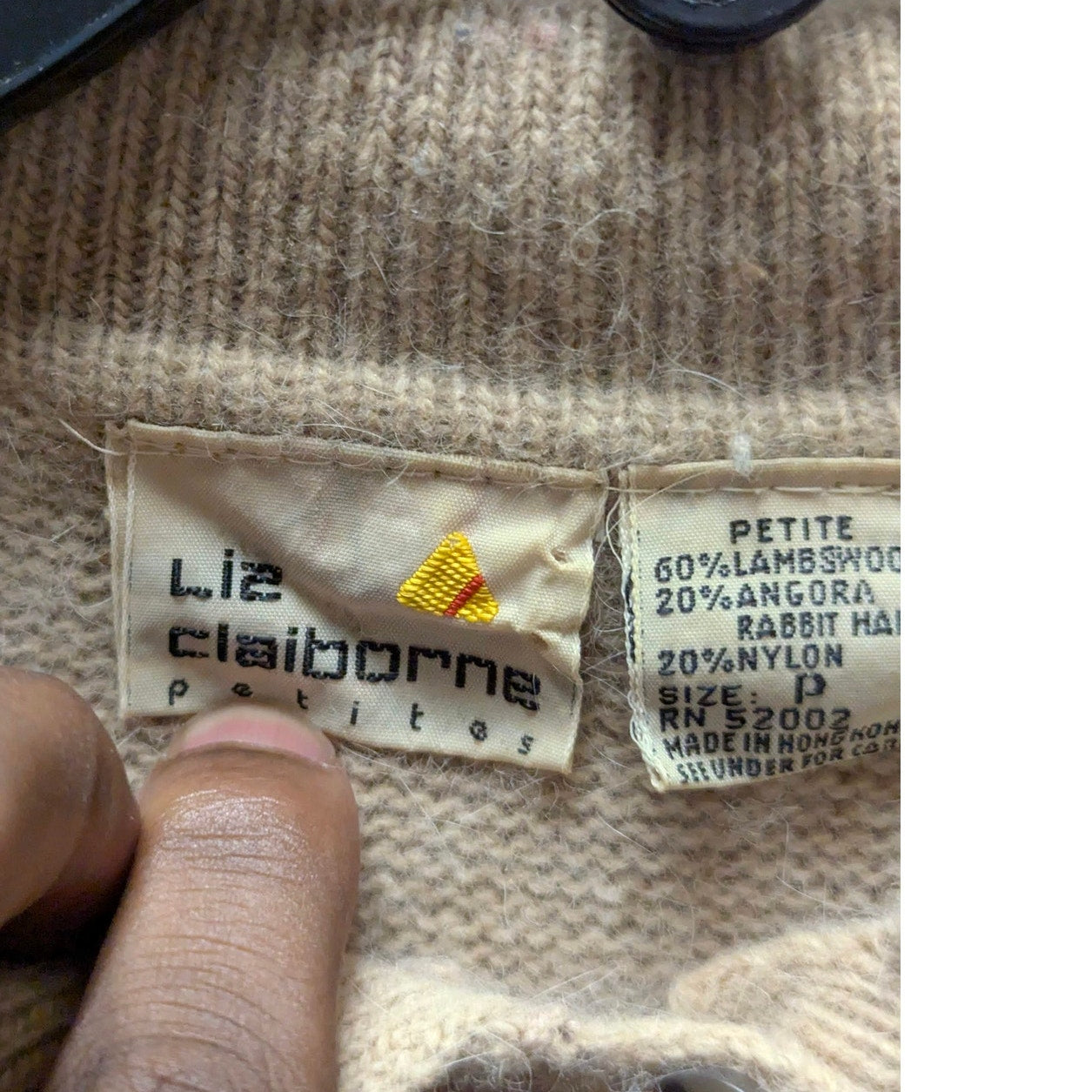 Liz Claiborne Petite Angora Wool Blend Knit Polo Sweater Camel Tan Vintage Y2K