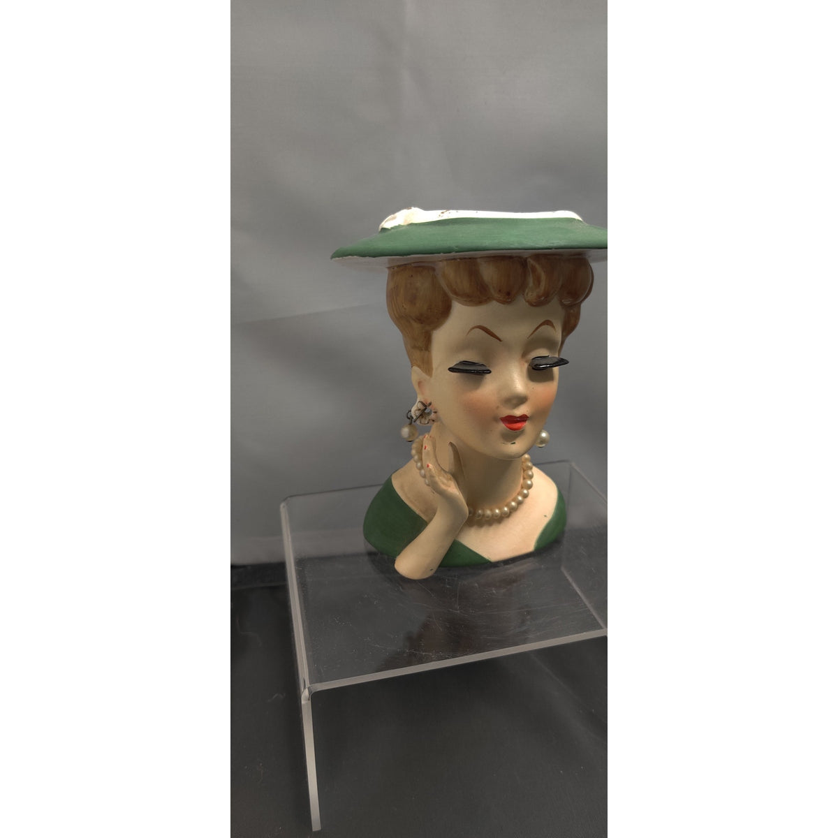 Vintage 1950s Redhead Lady Head Vase Planter Green Hat Collectible Kitsch