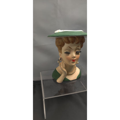 Vintage 1950s Redhead Lady Head Vase Planter Green Hat Collectible Kitsch