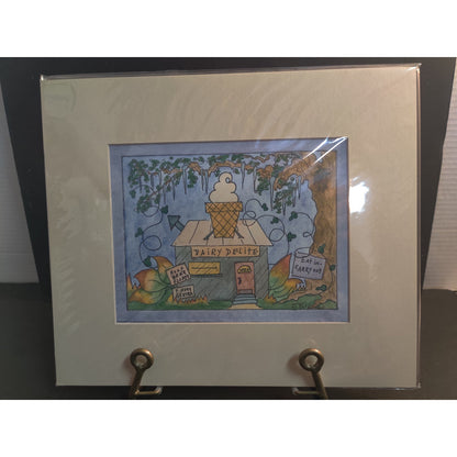 Original Ice Cream Shop Watercolor Painting Signed Sandy Evans
