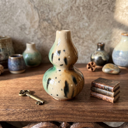 Ceramic Gourd neck potter vase green brown mini mottled glaze 4" tall