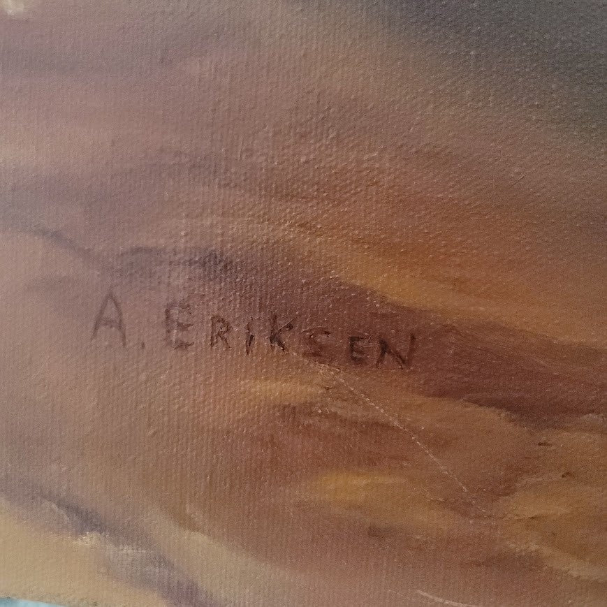 Vintage Mid-Century Sunset Seascape Oil Painting Canvas Signed by A. Eriksen