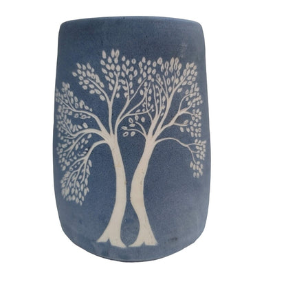 handcrafted incised vase blue white tree of life signed 1981 two trees Chuppah