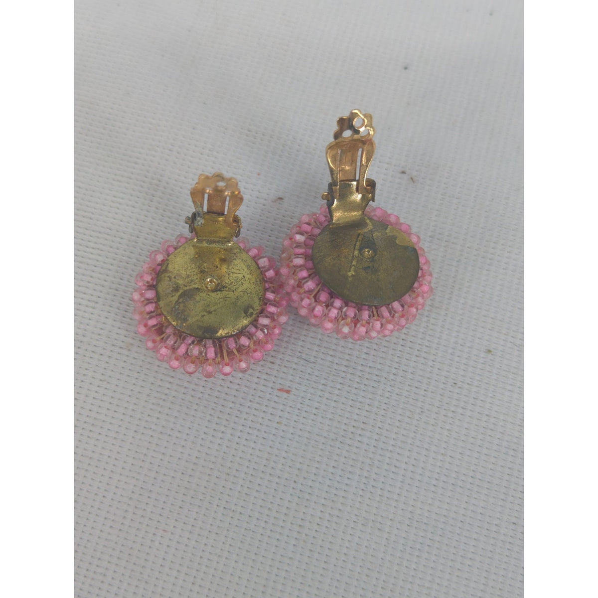 Vintage Pink Seed Bead Clip-On Button Earrings Mid-Century Glamour