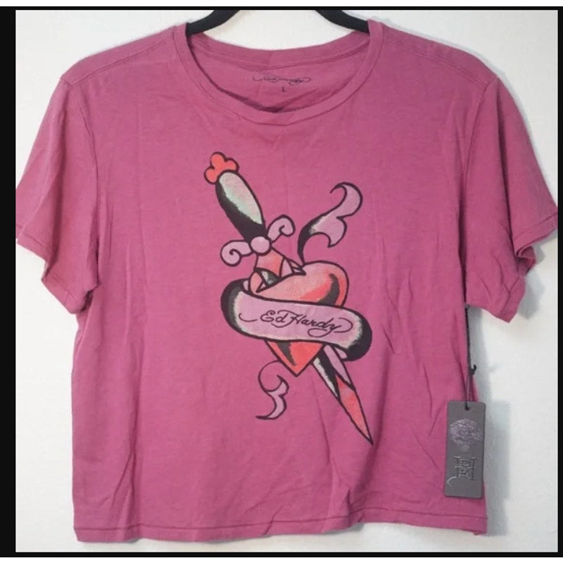 Ed Hardy Dagger through Heart Burgundy Crop Top Size Large NWT