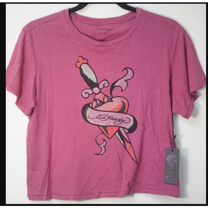 Ed Hardy Dagger through Heart Burgundy Crop Top Size Large NWT