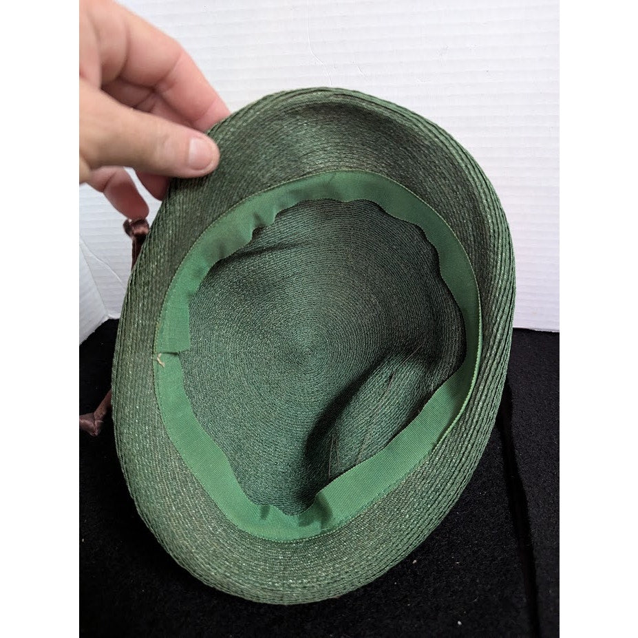 Vintage 40s 50s Forest Green Woven Cloche Bucket Hat Brown Ribbon Floral Trim