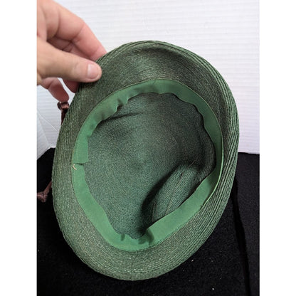 Vintage 40s 50s Forest Green Woven Cloche Bucket Hat Brown Ribbon Floral Trim