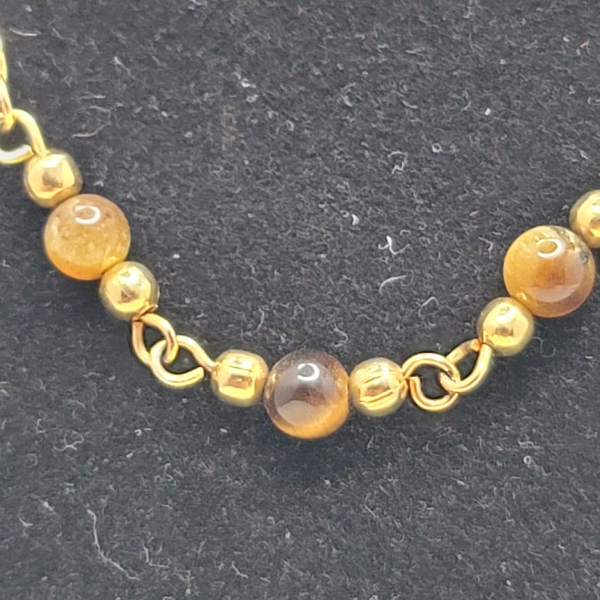 Vintage Gold Tone Link Necklace with Beaded Tiger Eye Accents Mid-Century
