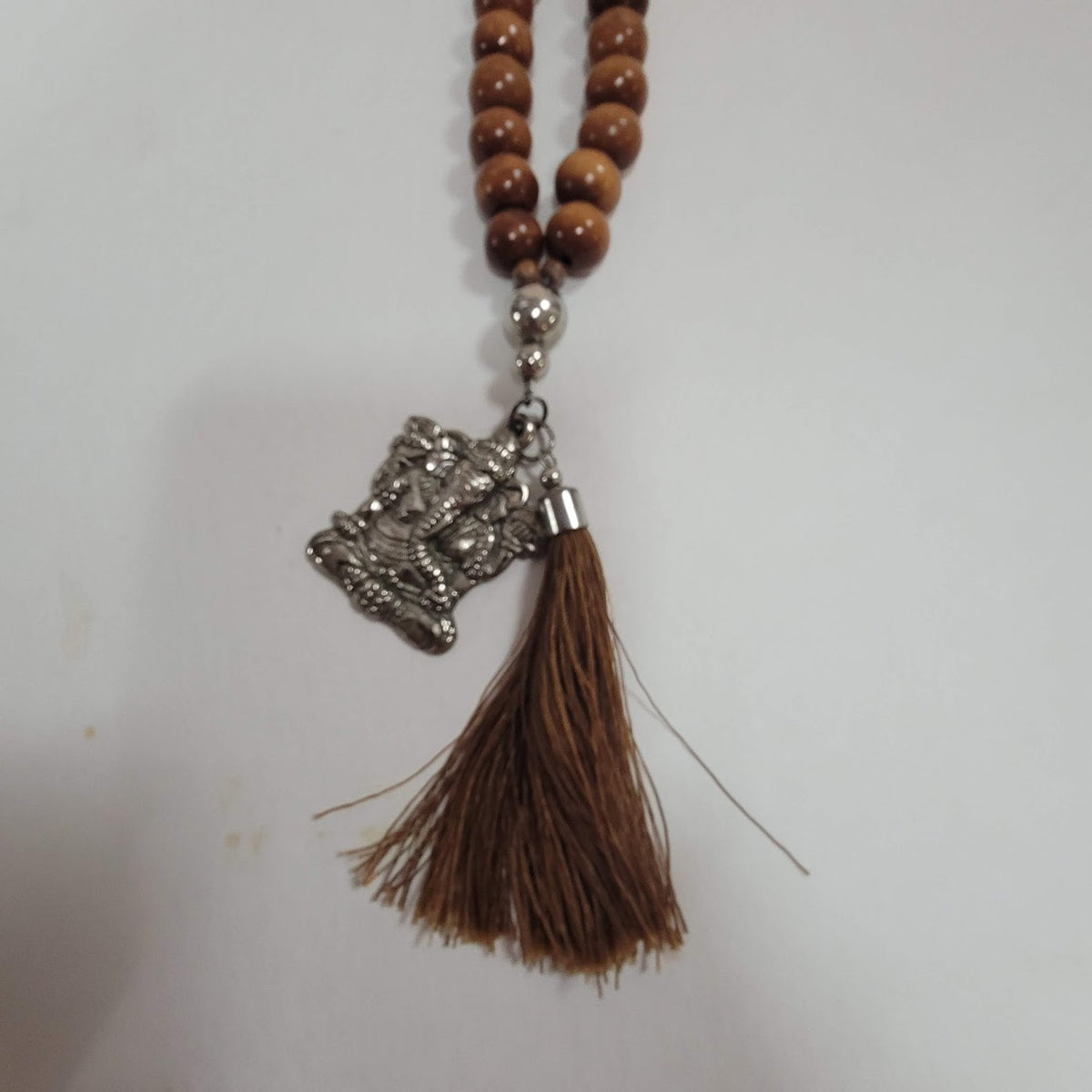 Wood Metal silver tone elephant Ganesh pendant Single Strand Necklace tassel