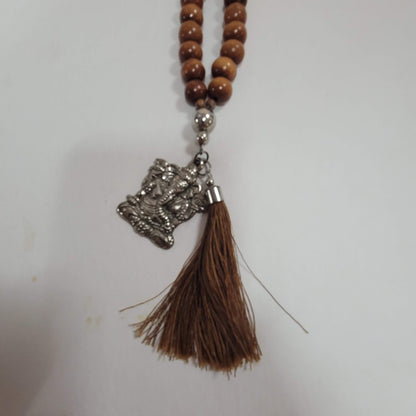 Wood Metal silver tone elephant Ganesh pendant Single Strand Necklace tassel