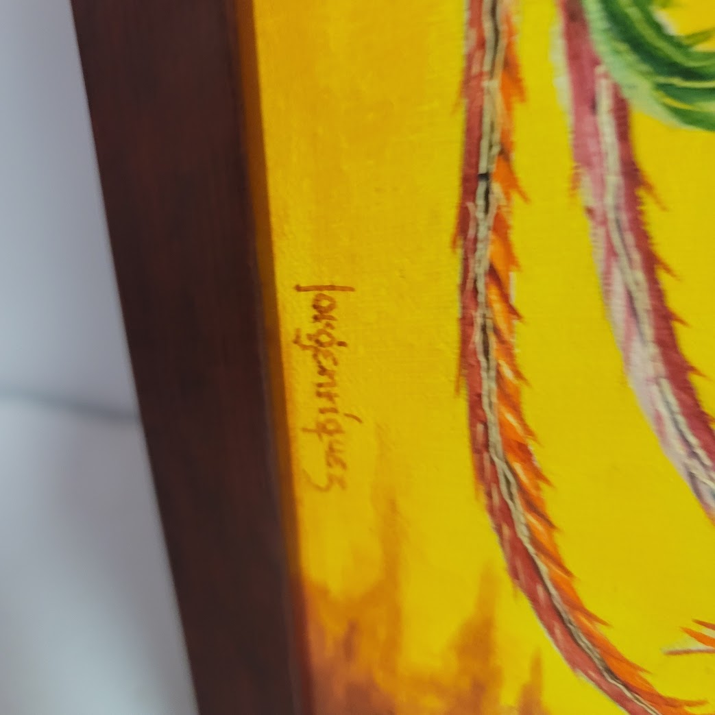 Hand painted Vibrant FOLKART Rooster w/ a runaway witch and broom Key Folk Gallo
