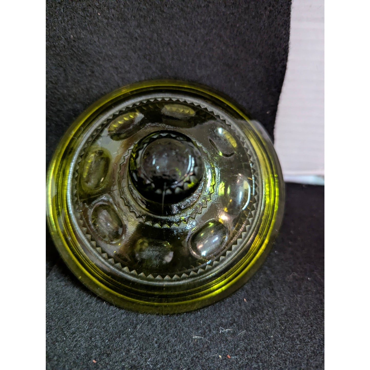 Vintage Indiana Glass Olive Green Kings Crown Thumbprint Covered Candy Dish