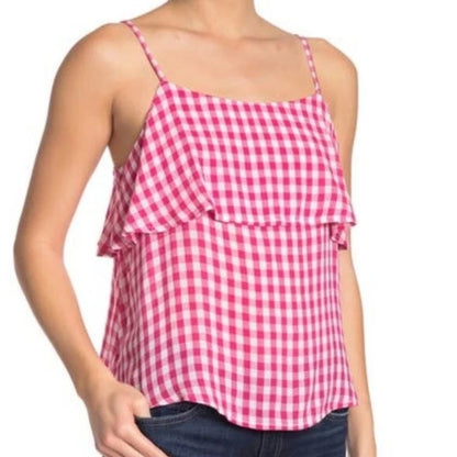 New Abound Gingham Tiered Layered Ruffle Camisole Tank Top Pink White Medium
