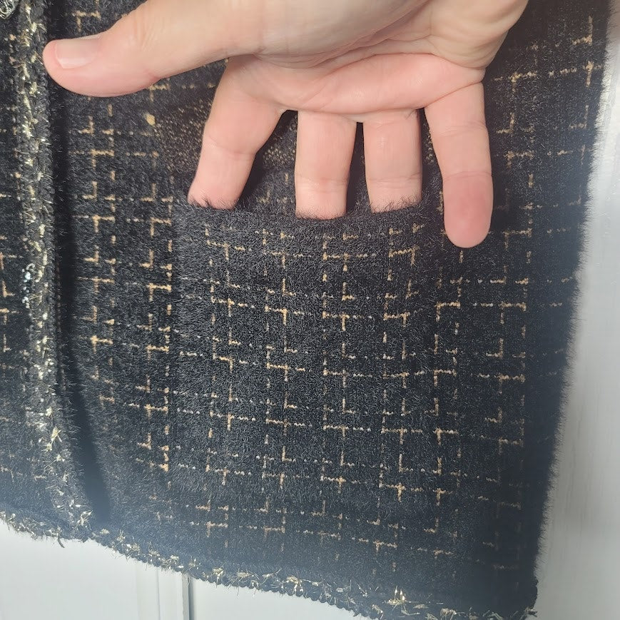 Round Neck Tweed Vest Sleeveless Jacket Pockets Black Gold Thread Black Buttons