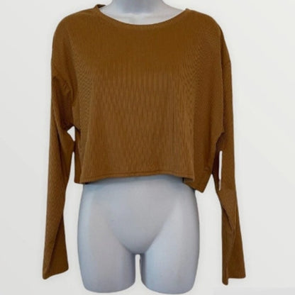 Abound Ribbed Long Sleeve Stretchy Crop Top Tan Dale Size SMALL NEW lightweight