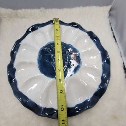 Vintage Handmade Art Studio Pottery Deviled Egg Oyster Platter Cobalt Blue White