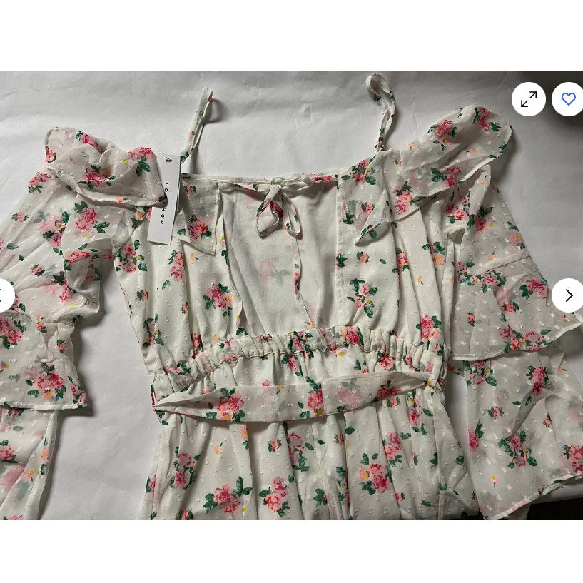 Topshop White Pink Floral Rose Bardot Off Shoulder Shorts Romper SZ. 4 SMALL NEW