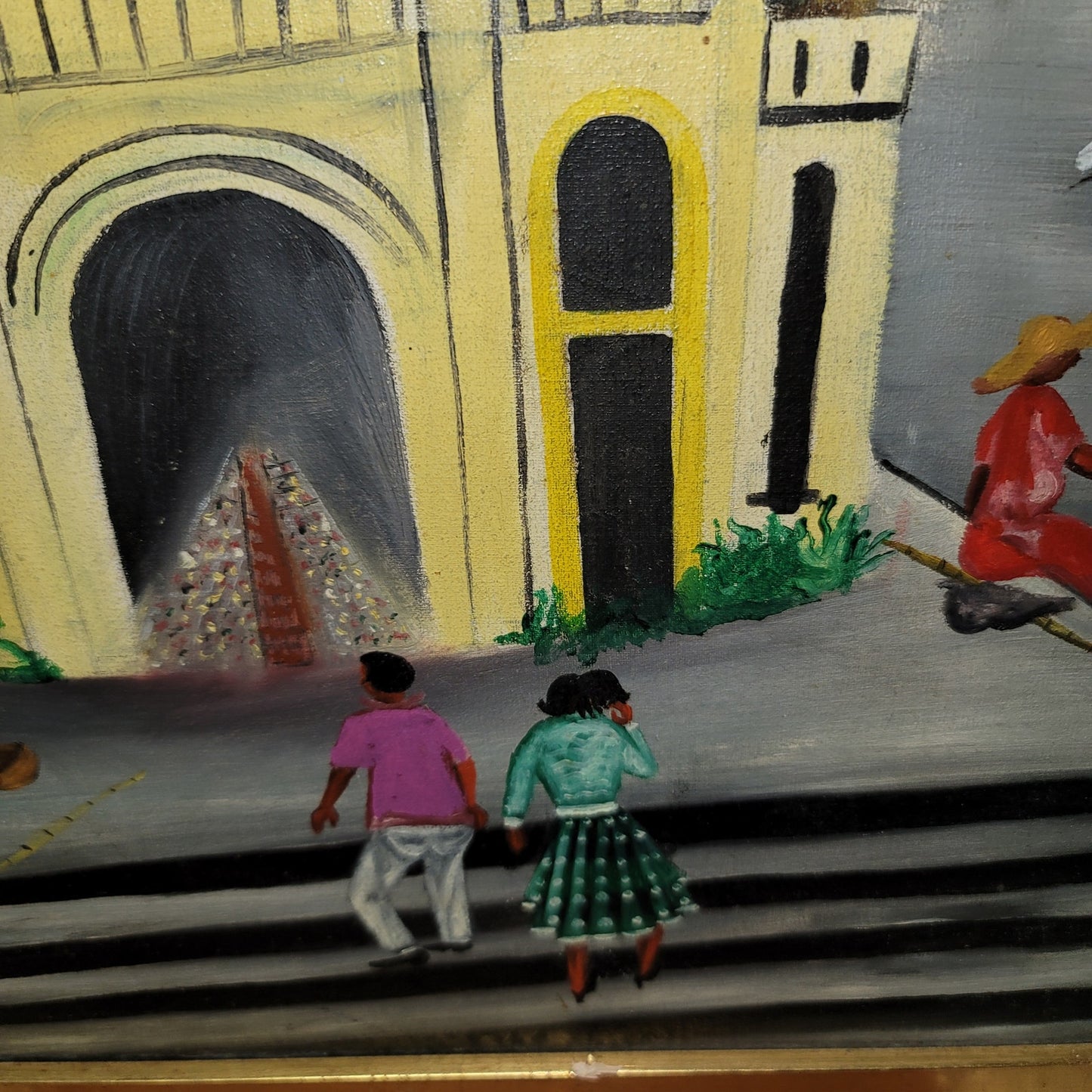 Marc Arthur Mentor Daily Life Oil Board framed 19" x 36" Folk Art Afro-Haitian