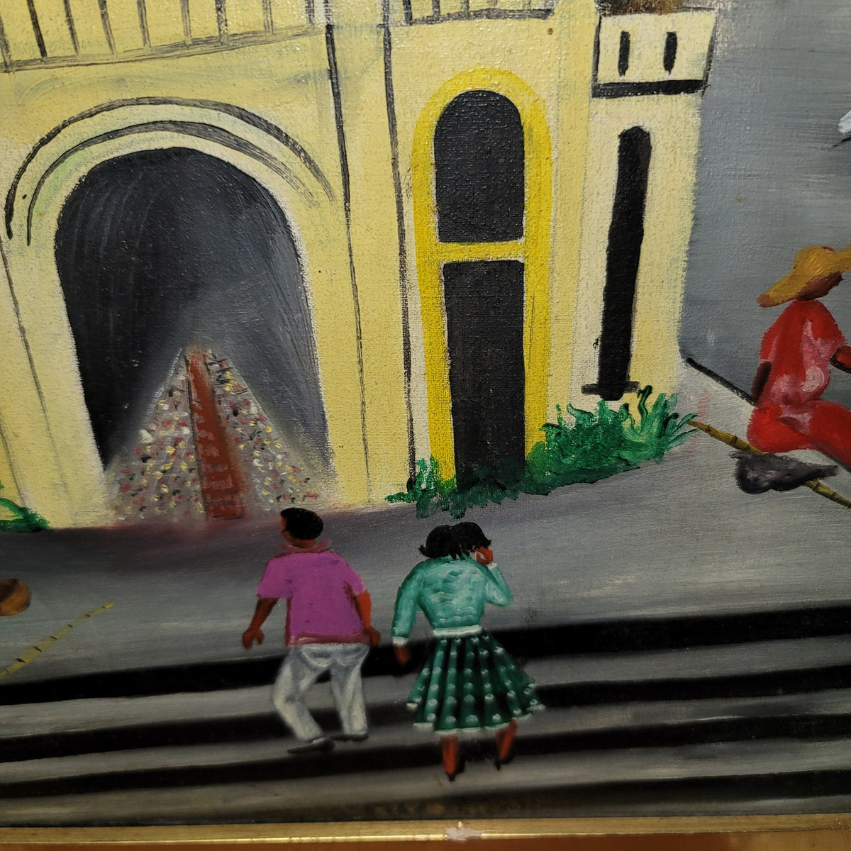 Marc Arthur Mentor Daily Life Oil Board framed 19" x 36" Folk Art Afro-Haitian