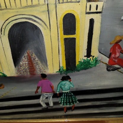 Marc Arthur Mentor Daily Life Oil Board framed 19" x 36" Folk Art Afro-Haitian