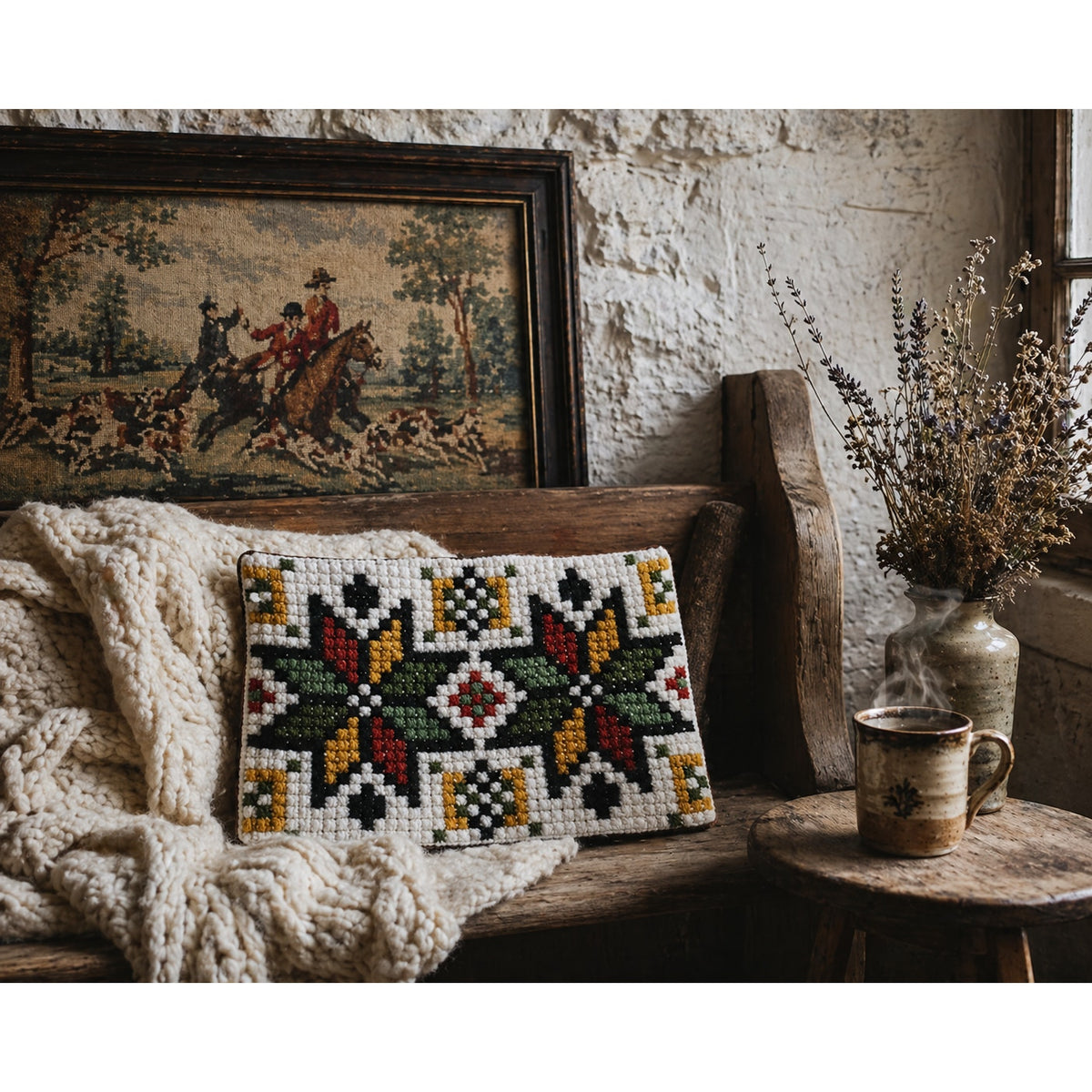 Vintage E. European Crochet Geometric Pillow Cover Boho Folk Art Heritage 17x12