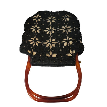 Vintage knit crochet top handle purse bag black BOHO chic Lucite snap shut