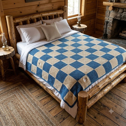 Vintage Blanket  Crochet Coverlet Bedspread DAMAGED Queen Blue Cream