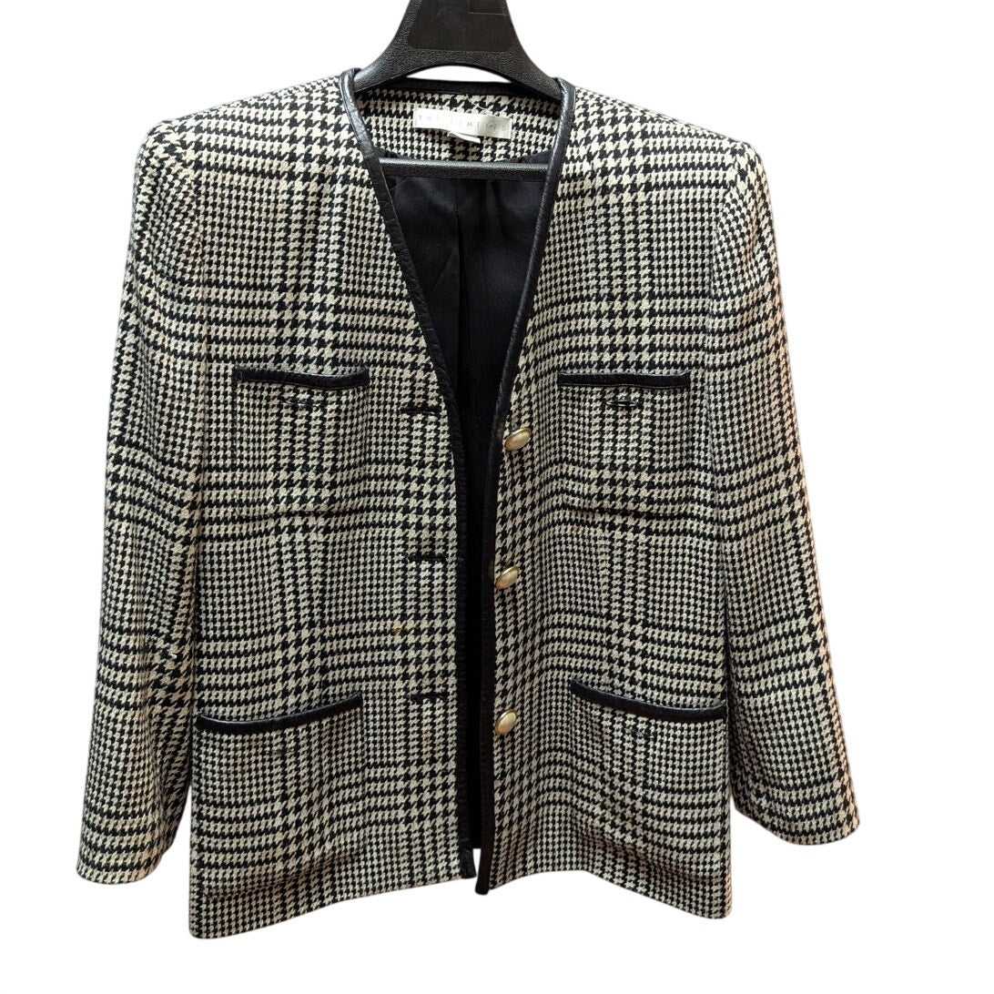The Limited Plaid Wool Blend Blazer Faux Leather Trim Gold Button Vintage XS