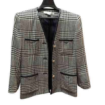 The Limited Plaid Wool Blend Blazer Faux Leather Trim Gold Button Vintage XS