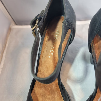 Aerosoles Jay Bird Womens 10 Med Black Leather Ankle Strap Open Toe Block Heels
