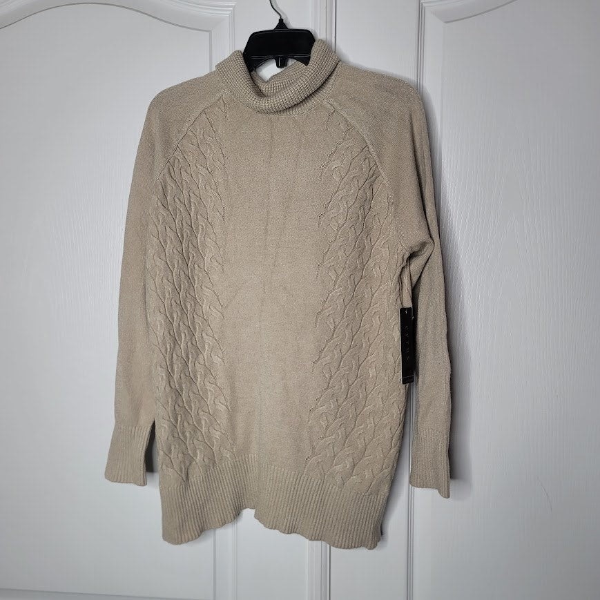 NEW Cyrus XL Pullover Turtleneck Cable Knit Sweater Taupe Tan Long Sleeve Ribbed