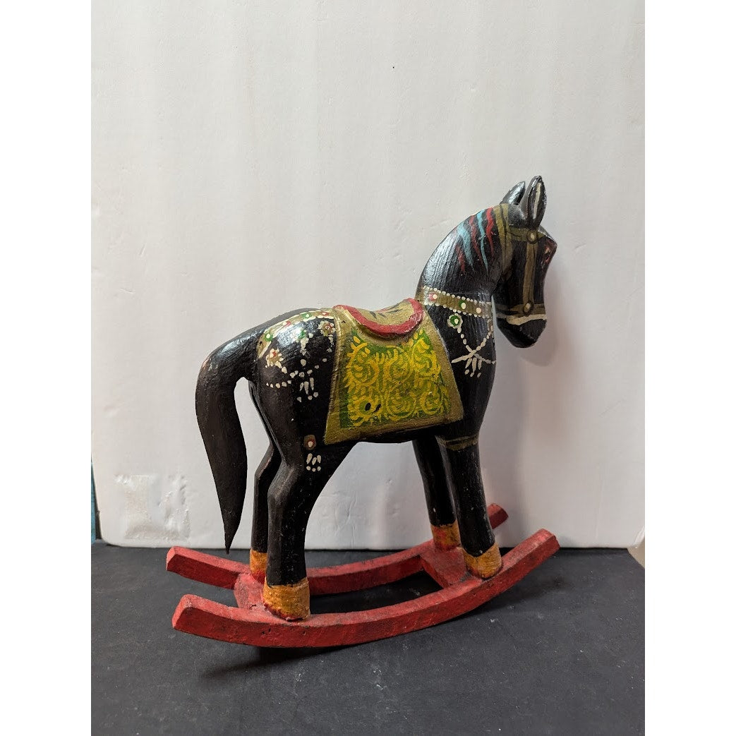 Antique Primitive Folk Art Painted Wood Rocking Horse Wanderer Romani 12” Wide