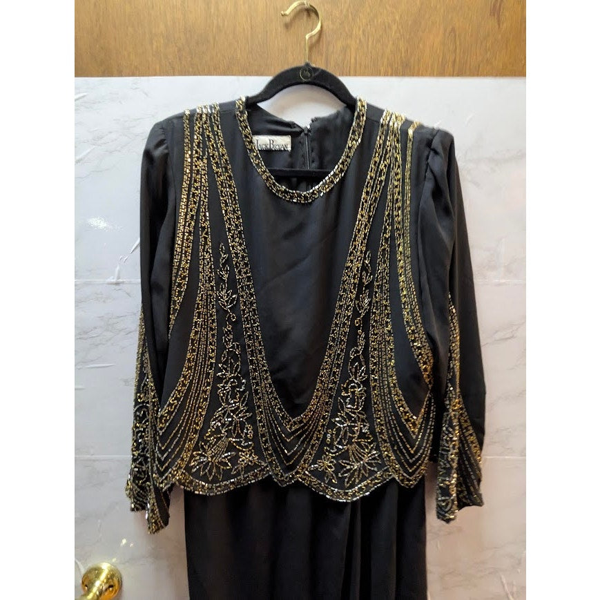 Jack Bryan Vintage Black Silk Beaded Sequin Formal Gown XL 80s Glam Luxe