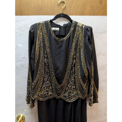 Jack Bryan Vintage Black Silk Beaded Sequin Formal Gown XL 80s Glam Luxe