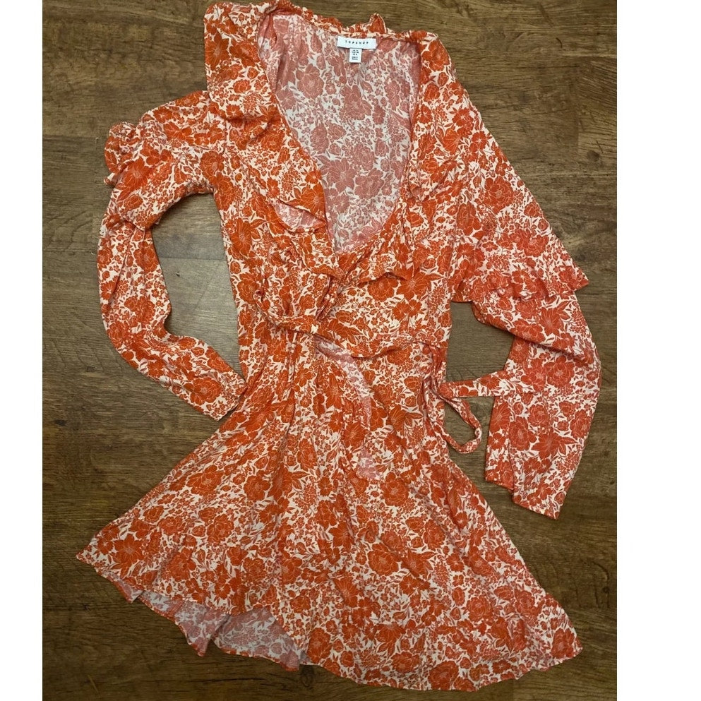 Topshop Orange Red Wrap Floral Short Dress Size 12 Ruffle collar Long sleeve NEW