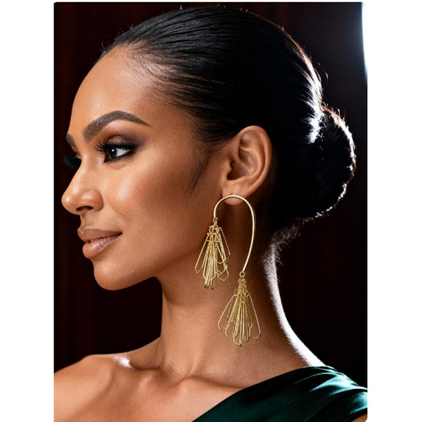 Modernist Gold Wire Cage Tassel Earrings Large Statement Runway Glamour