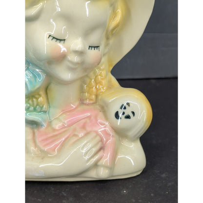 Vintage Ceramic Girl Bonnet Doll Head Vase Wall Pocket Figurine Headvase