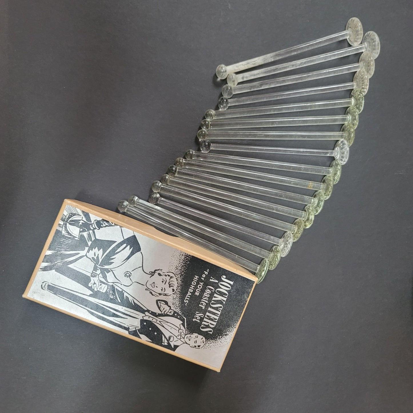 Jocksters 16 Vintage glass highball stirstick  jockstrap box swizzle stir stick