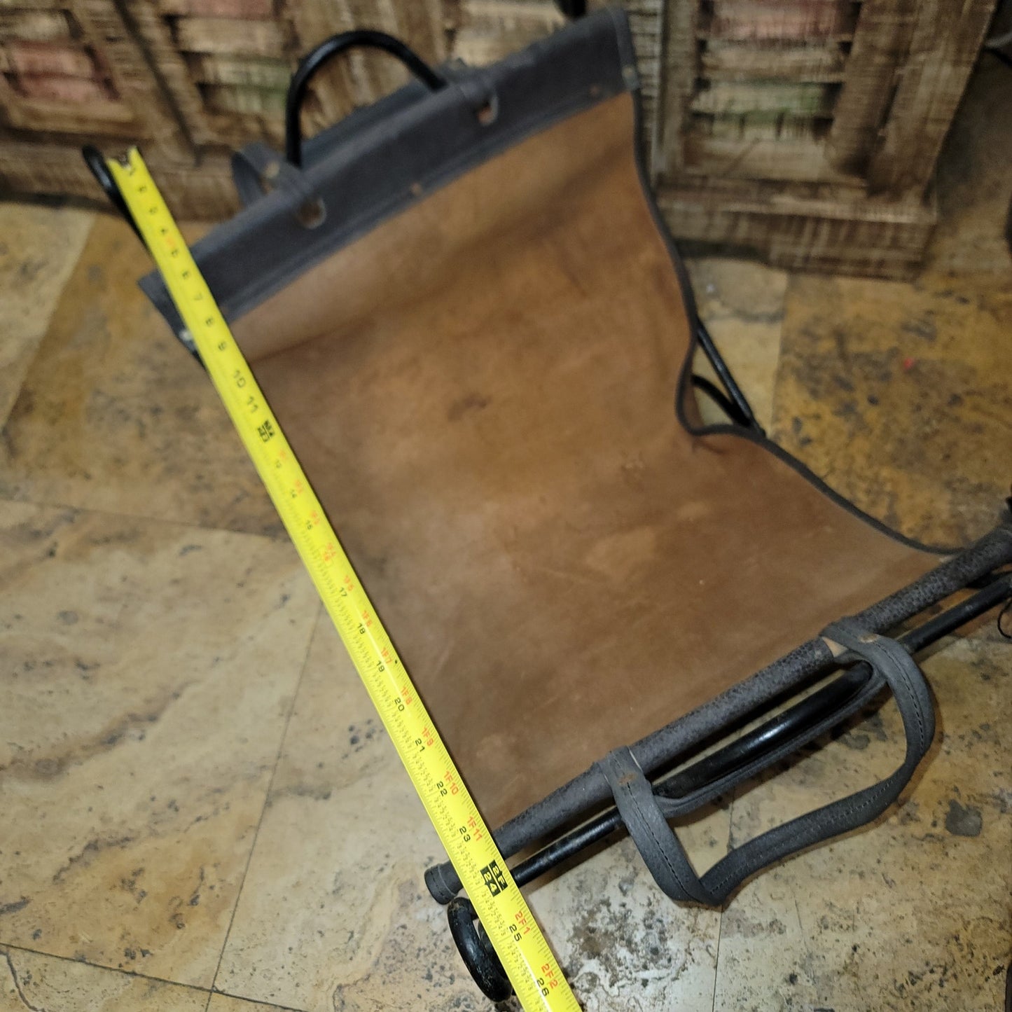 vintage black Wrought iron fireplace log holder suede leather carrier log tote