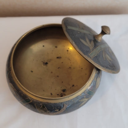 Vintage Jewelry Asian Bamboo Cloisonné Round Brass Trinket Lidded Powder Box