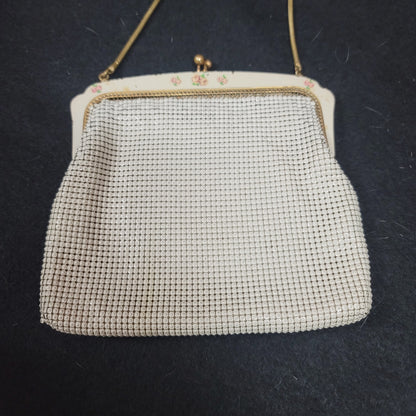 Vintage OROTON made Germany metal mesh purse handbag floral kiss clasp cream