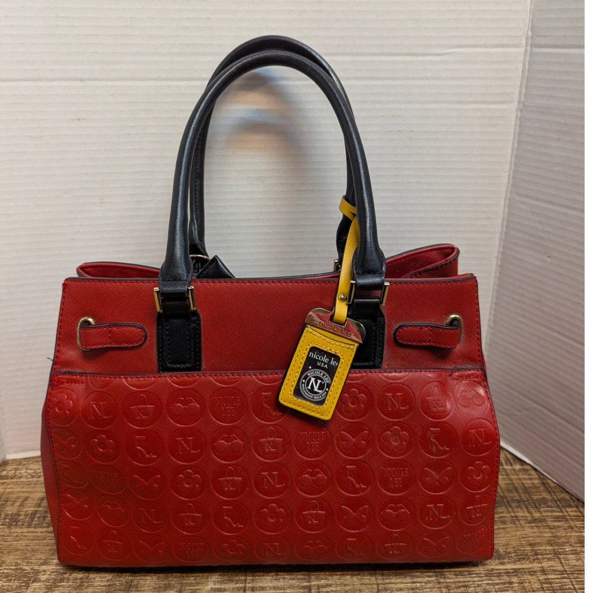 Nicole Lee Crimson Red Embossed Satchel Gold Padlock Detail