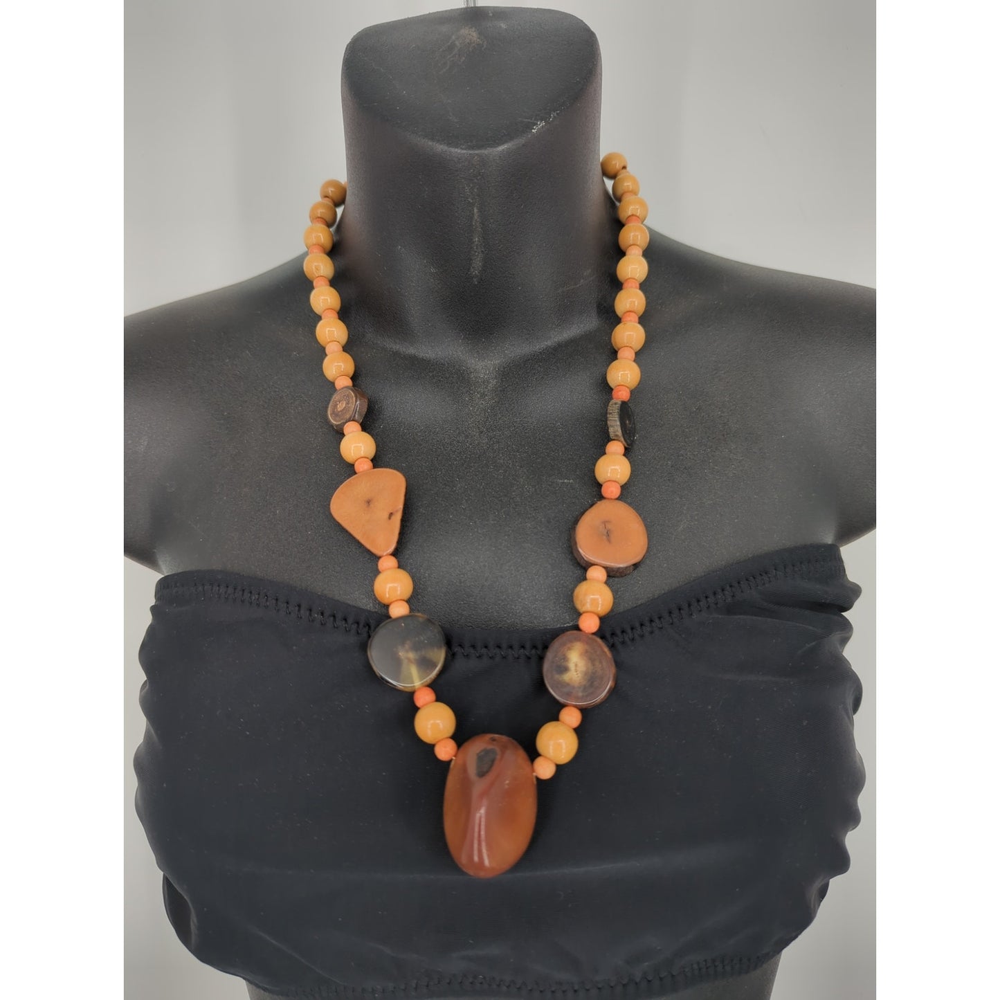 Vintage Chunky Stone & Wood Bead Statement Necklace Brown Boho Chic