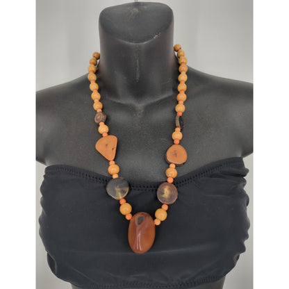 Vintage Chunky Stone & Wood Bead Statement Necklace Brown Boho Chic