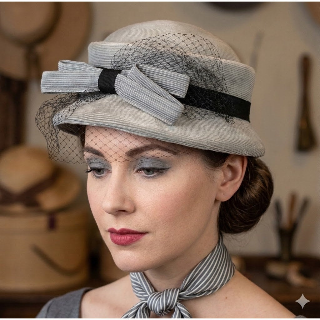 Vintage 40s 50s The Rhodes Hat Pale Blue Grey Pillbox Birdcage Veil Bow