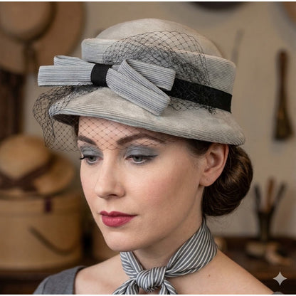 Vintage 40s 50s The Rhodes Hat Pale Blue Grey Pillbox Birdcage Veil Bow
