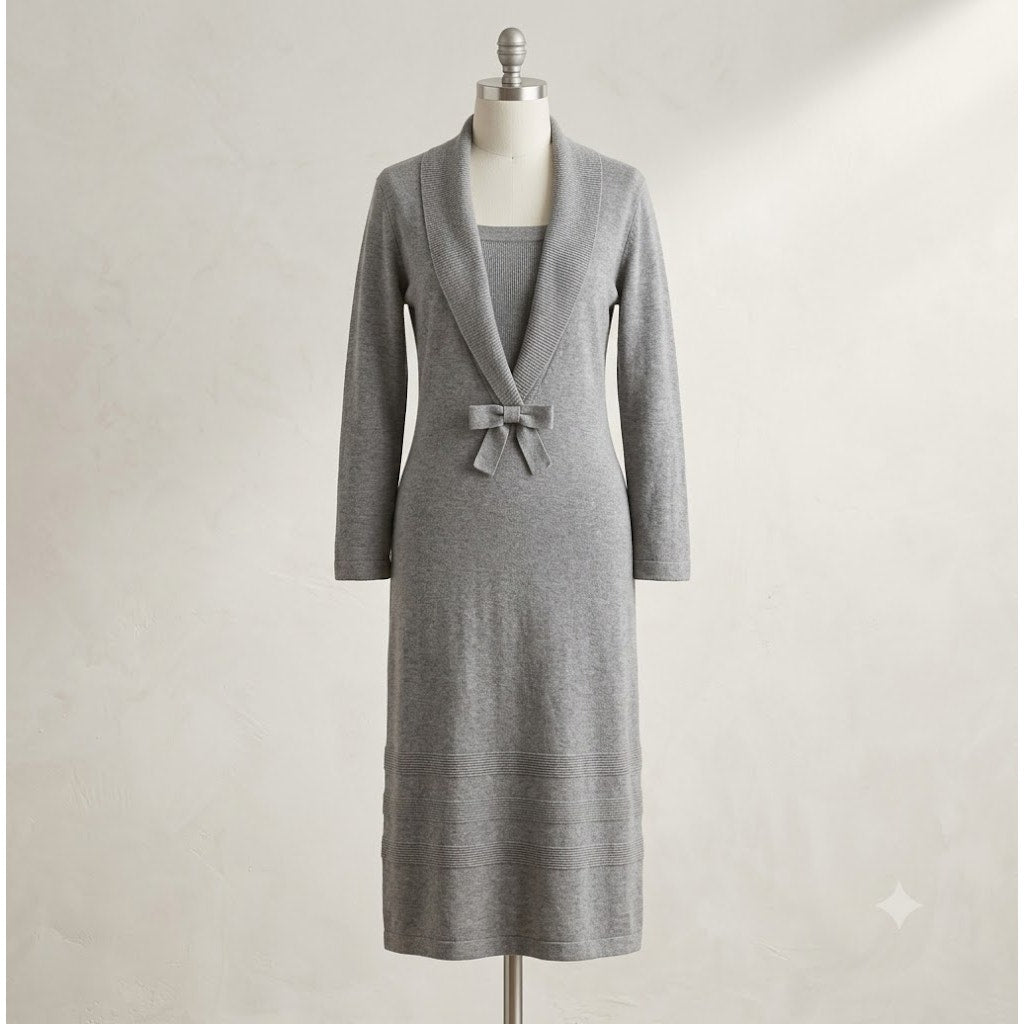 Vintage Barbara Carol Wool Knit Maxi Dress Grey Sailor Collar Bow Accent Medium
