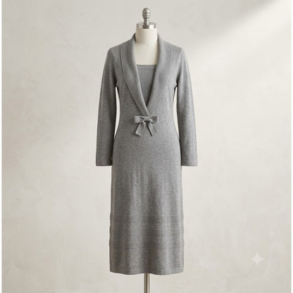 Vintage Barbara Carol Wool Knit Maxi Dress Grey Sailor Collar Bow Accent Medium